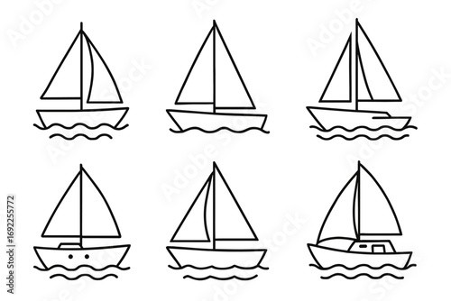 Set of six simple sailboat outlines on white background