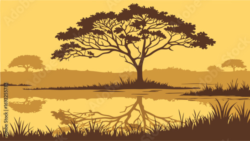 Scenic tree silhouette reflected in calm water at sunset nature illustration peaceful landscape artwork.