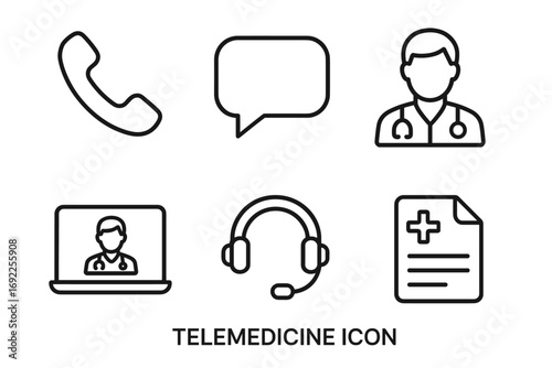 Telemedicine icons: doctor, communication tools, and medical documentation