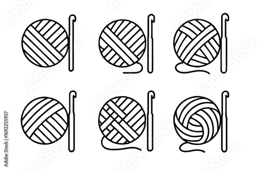 Yarn ball and crochet hook patterns: six variations in black and white