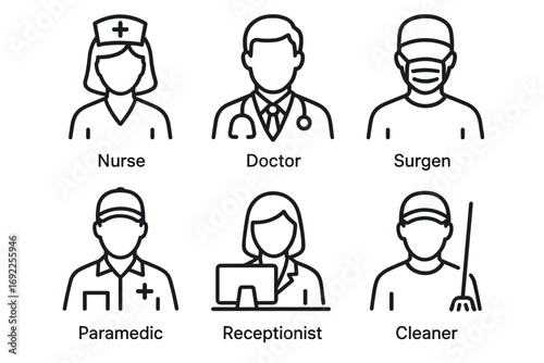 Medical and support staff icons: nurse, doctor, surgeon, paramedic, receptionist, cleaner