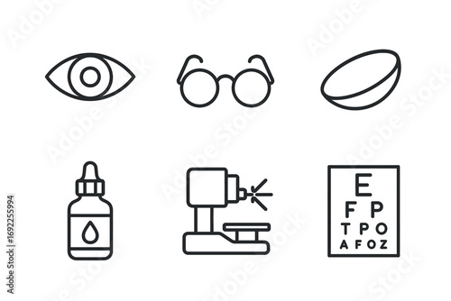 Optometry icons: eye, glasses, contact lens, eye drops, eye exam chart