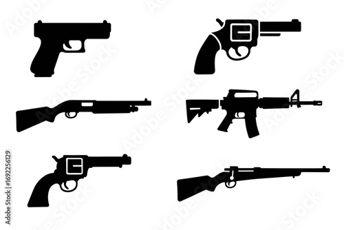 Variety of gun silhouettes: pistols, revolvers, shotguns, rifles