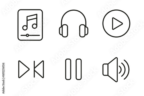 Music and audio icons set: headphones, play, pause, volume, forward, backward controls