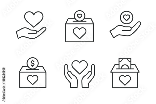 Heart and donation icons: hands, boxes, money, coins
