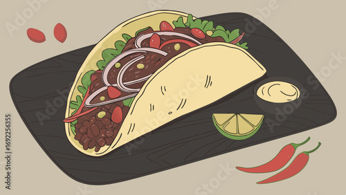Taco Mexican Food Delicious Lunch Dinner Cuisine Ingredients Recipe Food Photography Flatlay Tortilla Beans Onions Peppers Lime Sauce Spicy Healthy Fresh Vibrant Colorful Tas.