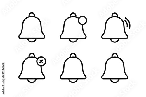 Notification bell icon set: alert, muted, unread, and ringing variations