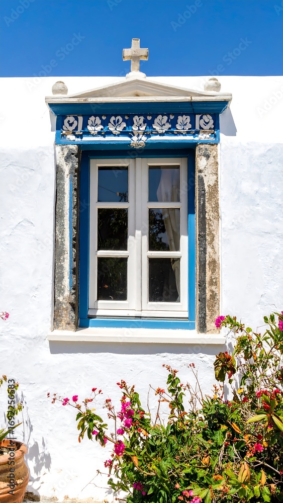 Fototapeta premium Ornate window with blue trim on whitewashed wall