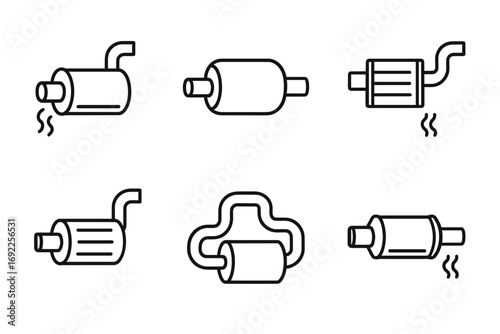 Collection of various car exhaust muffler icons in line art style
