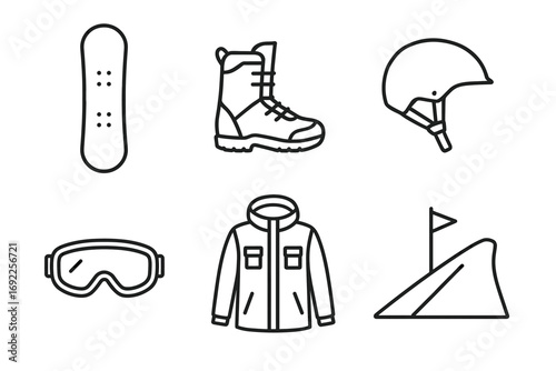 Set of snowboarding equipment icons: board, boots, helmet, goggles, jacket, ramp