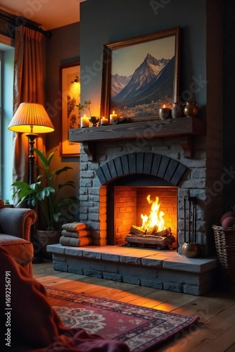 Cozy living room featuring a warm, inviting hearth; flickering flames dance within, casting a gentle glow on the surrounding space, creating a feeling of warmth and comfort , glow, tranquil