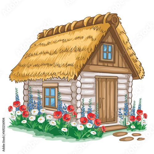 Traditional red thatched roof cottage with a vibrant flower garden in the rural countryside