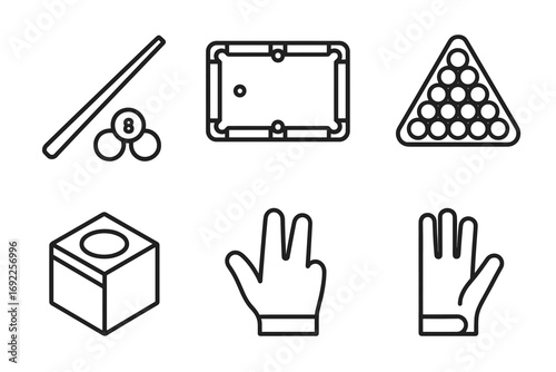 Billiards icons: pool table, billiard balls, cue stick, game cube, hand signals
