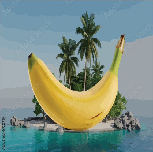 A vibrant tropical island beach with a banana boat and palm trees swaying in the summer breeze