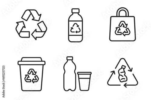Recycling icons: plastic bottle, bag, bin, cup, triangles symbols