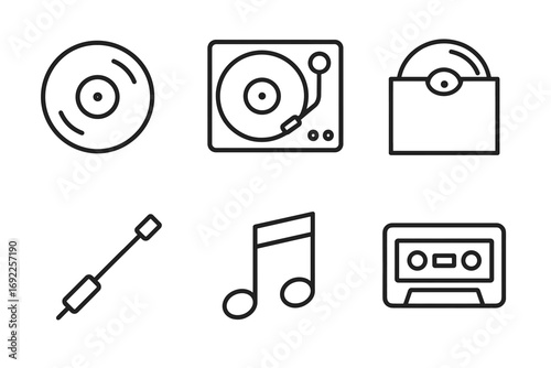 Vintage music icons: vinyl records, turntable, cassette, and music note symbols