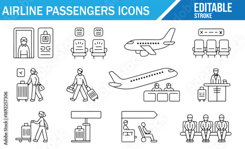 Set of Airline Passengers and Travel Process Icons for Airport Services