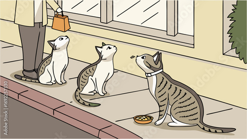 Three cats waiting for food from a person outside a building.