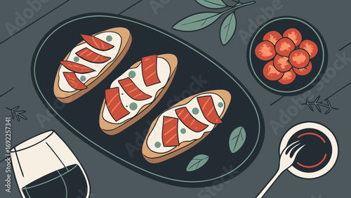 Three Bruschetta Toasts with Smoked Salmon Cherry Tomatoes and Wine Overhead Flatlay Illustration.