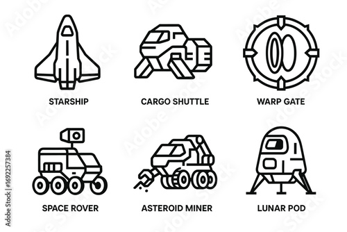 Space exploration symbols: starship, cargo shuttle, warp gate, space rover, asteroid miner, lunar pod
