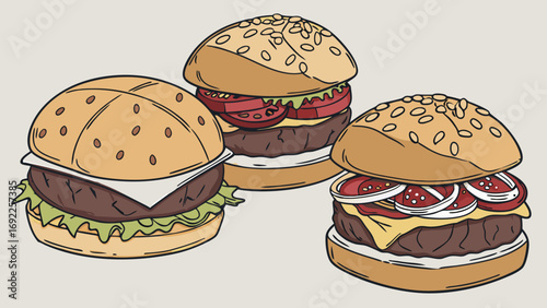 Three Delicious Burgers Fast Food Illustration Cheeseburger Hamburger Menu Design Restaurant Graphics.