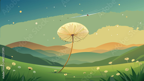Illustration of a beautiful landscape with a parasol and a flying bird