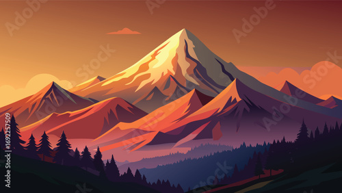 Mountains in the forest at sunset. Vector illustration in flat style