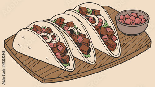 Three delicious tacos served on a wooden board with a side of diced vegetables Perfect for menus food blogs and recipe websites.