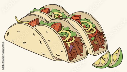 Three Delicious Tacos with Lime Wedges A vibrant illustration of food.