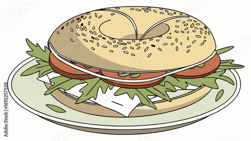 Sesame bagel sandwich with tomato and greens on a plate.