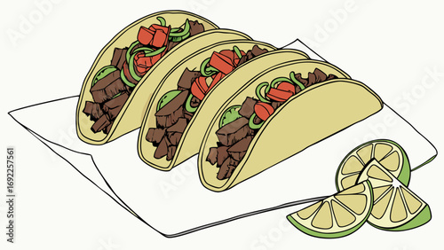 Three Delicious Tacos with Lime Wedges on a Plate.