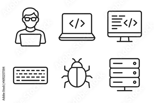 Coding icons: programmer, laptop, monitor, keyboard, bug, server