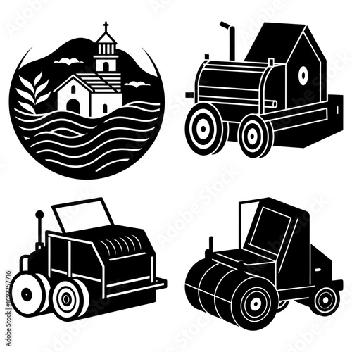 Illustration showing a church on water and three different types of construction vehicles in black and white