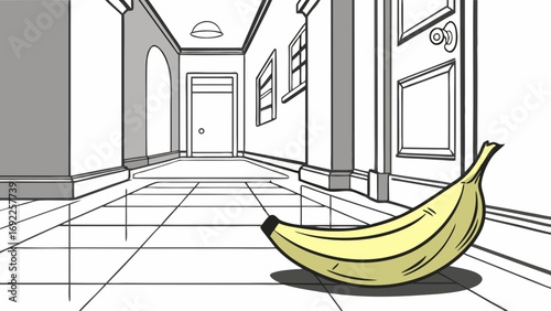 Single Banana on Hallway Floor Minimalist Interior Design Illustration.