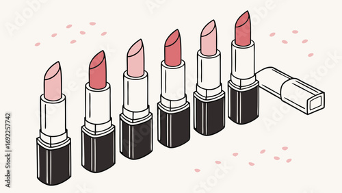Six Lipsticks in Different Shades Isometric View Makeup Design Beauty Product Illustration.