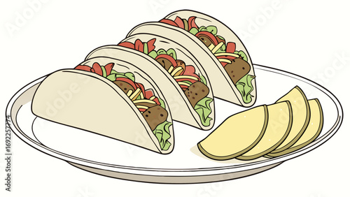 Three Delicious Tacos with Slices of Lime on a Plate.