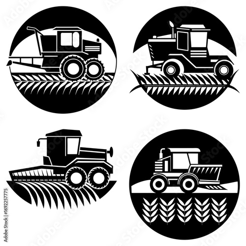 Illustration set featuring four agricultural harvesters in black and white circular designs on a white backdrop