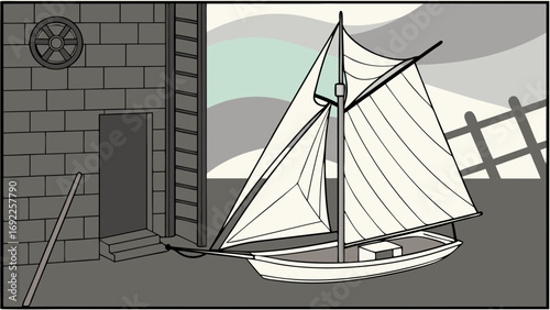Small sailboat docked near a stone structure nautical illustration grayscale art.