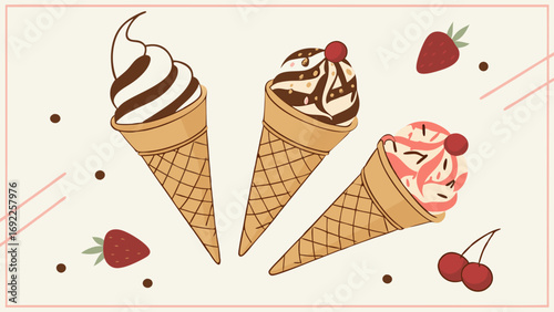 Three ice cream cones with different flavors and toppings illustration summer dessert sweet treat food design delicious creamy waffle cone strawberry cherry.