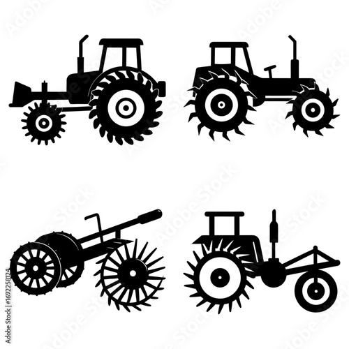 Silhouette illustration featuring four distinct tractor designs with prominent wheels and agricultural machinery