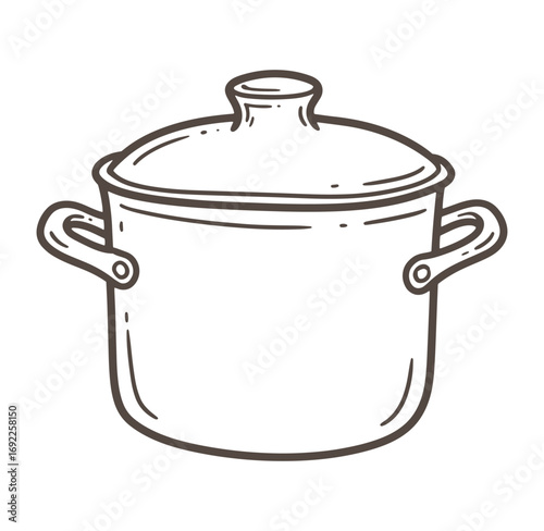 Hand-drawn outline illustration of a cooking pot with a lid for culinary and kitchen concepts.