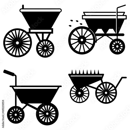 Illustration of four different types of wheeled seeders and fertilizer spreaders in black and white