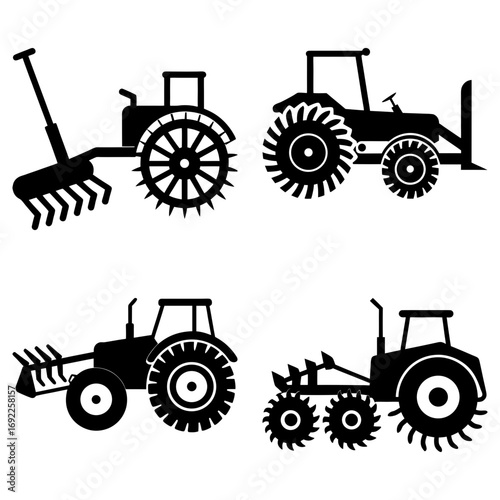 Silhouette illustration showcasing four distinct tractor designs with various agricultural attachments present