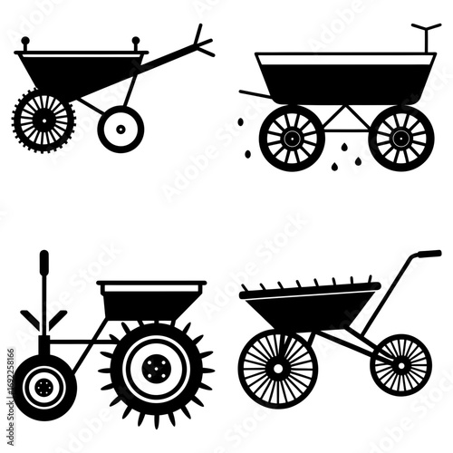 Illustration showcasing four distinct types of seeders and planters in a minimalist black and white style