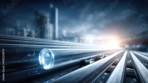 Abstract Futuristic Pipeline with Shiny Metal Tubes and Cityscape Background