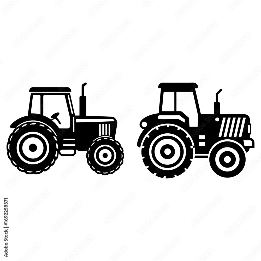 Obraz premium Two black tractor silhouettes displayed side by side on a white background in a vector style image