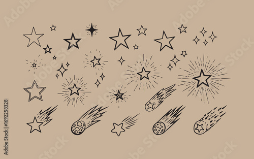 Hand drawn collection of stars and comets on a textured background