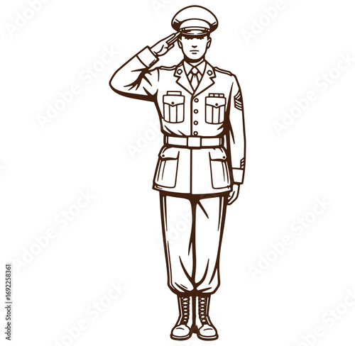 Illustration of a soldier in uniform saluting isolated on a white background