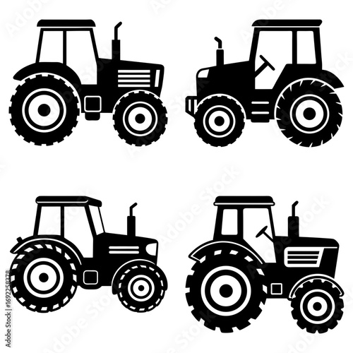 Four black tractor silhouettes with varying designs and tire patterns arranged on a white background illustration