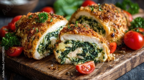 Delicious Chicken Rollatini Stuffed with Spinach and Cheese on Wooden Board